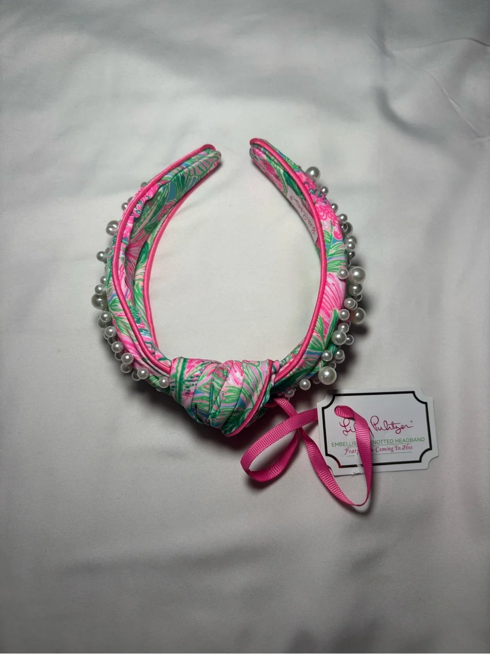 NWT Lilly Pulitzer “Coming in Hot” Pink and Green Floral Pearl-Trim Headband